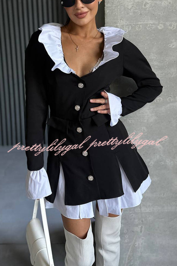 Altair Contrast Ruffled Shirt Patchwork Button Pleated Blazer Mini Dress