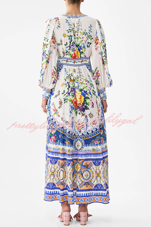 Fairy Tale Print V-Neck Lantern Sleeve Waist Maxi Dress