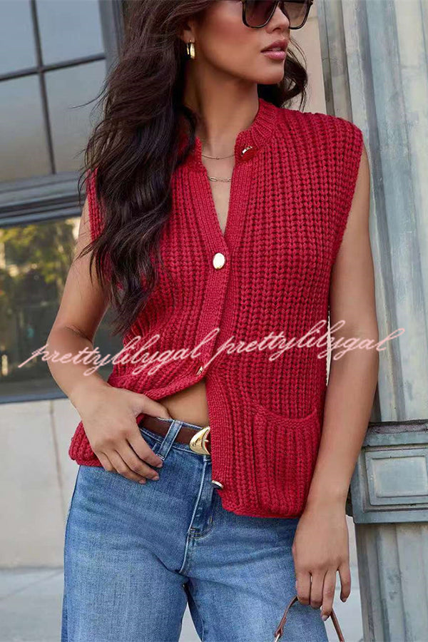 Solid Color Sleeveless Button Pocket Knit Vest