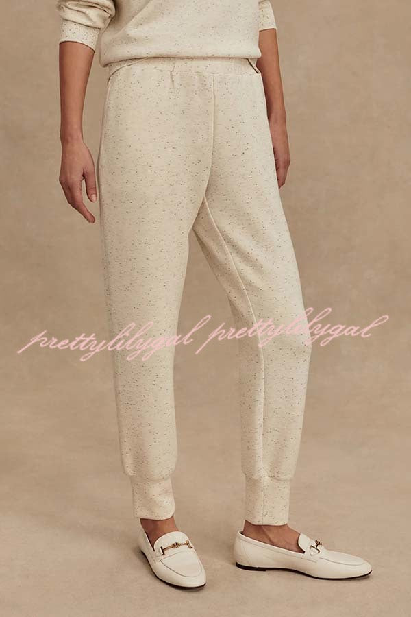 Ivory Marl Fleck Half-Zip Neck Long Sleeve Sweatshirt and Elastic Waist Pocket Jogger Set