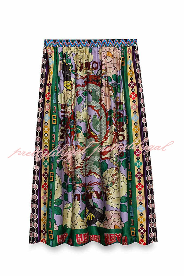 Dragon Season Unique Print Elastic Waist Pocketed Midi Skirt