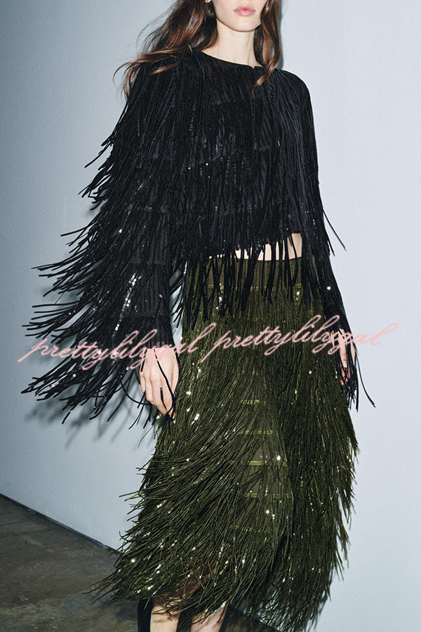 Party Crasher Layered Sequined Tassels Long Sleeve Loose Jacket