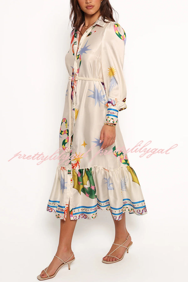 Calie Satin Unique Print Button Rope Belted Pocket Loose Shirt Midi Dress