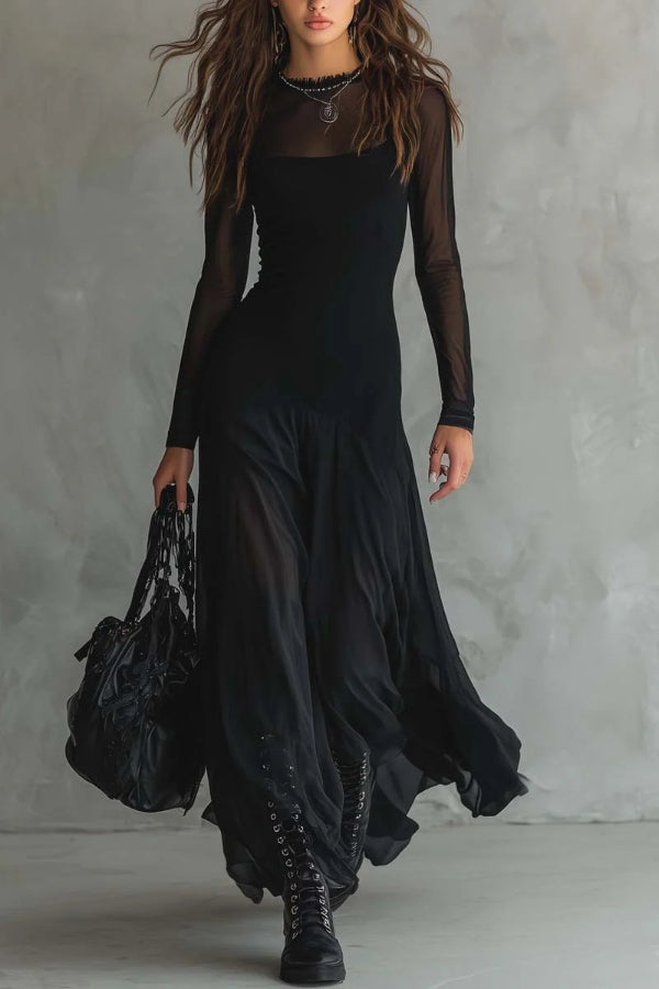 Fashionable Mesh-paneled Long-sleeved Slim-fit Maxi Dress – prettylilygal