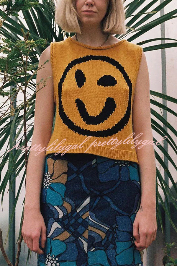 Always Happy Face Knit Unique Pattern Versatile Loose Tank Top