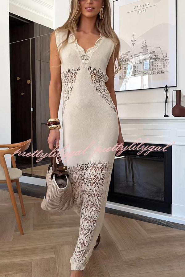 Solid Color Hollow Knitted V-neck Slim Fishtail Maxi Dress