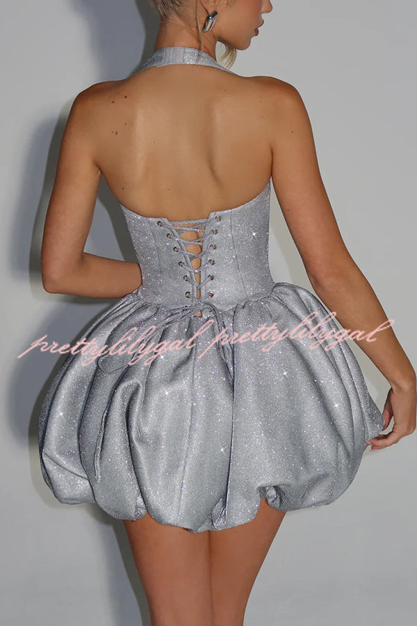 Araminta Glitter Fabric Square Halter Tie Neck Back Lace-up Fluffy Bubble Mini Dress