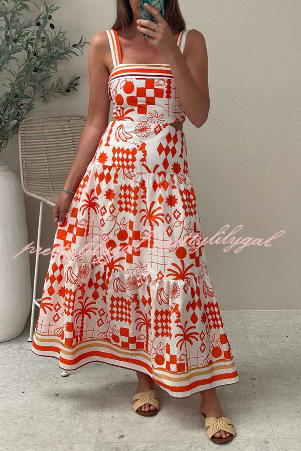 Unique Print Waist Cutout Back Gathered Suspender Maxi Dress