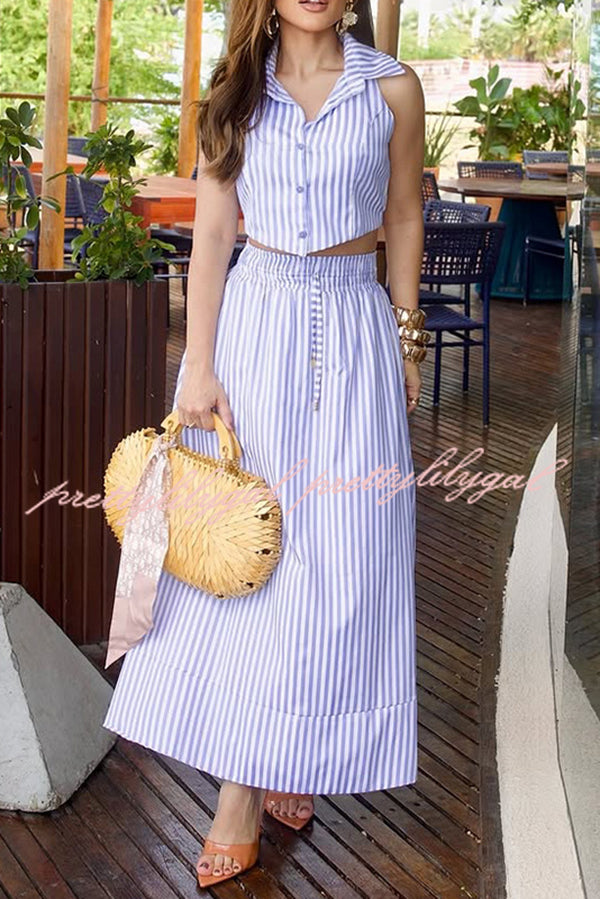 Stripe Print Lapel Sleeveless Button Top and Elastic Waist Casual Maxi Skirt Set