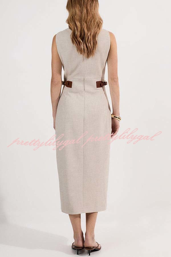 Workwear Day Contrast Color Belt Buckle Detail Slit Pencil Midi Dress