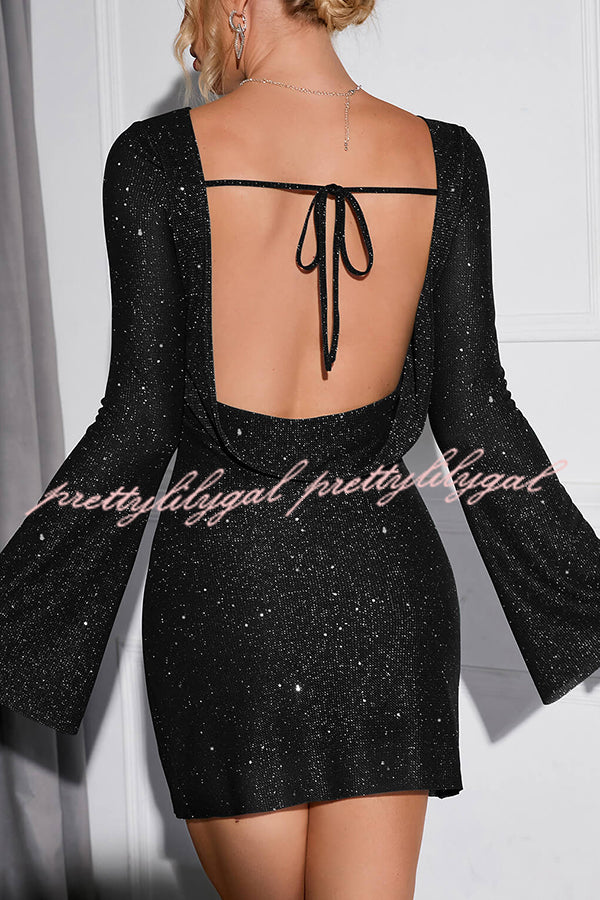 Solid Sequined Open Back Lace Up Mini Dress