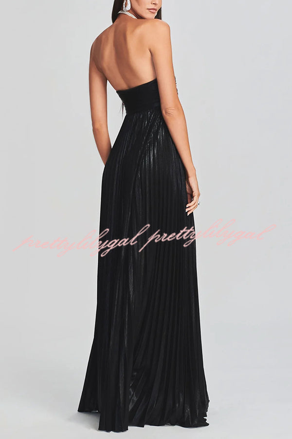 Metallic Sexy Tube Top Pleated High Slit Maxi Dress