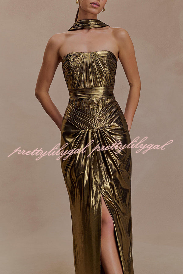 Clemence Plisse Metallic Fabric Reverse Halter Beck Strap Drape Slit Maxi Dress