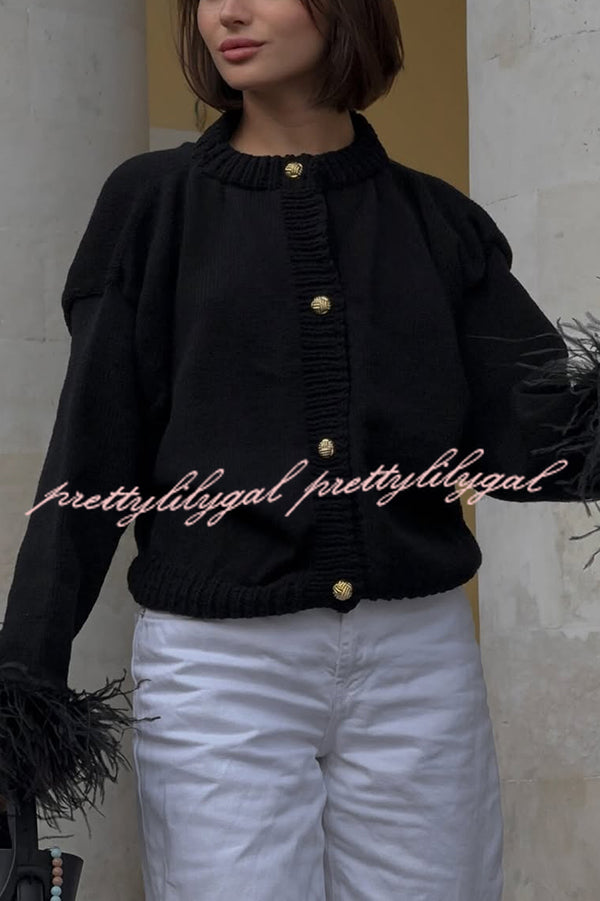 Solid Color Elegant Feather Long Sleeve Casual Knitted Cardigan