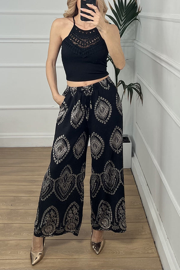 Unique Print Elastic Waist Casual Pocket Wide Leg Pants