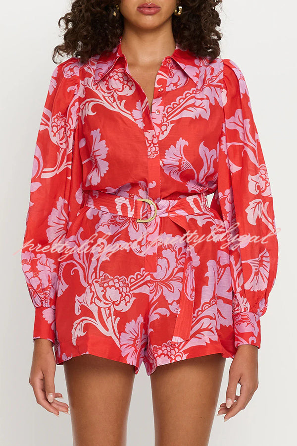 Linen Blend Botanical Print Lapel Puff Sleeve Loose Tie Casual Rompers