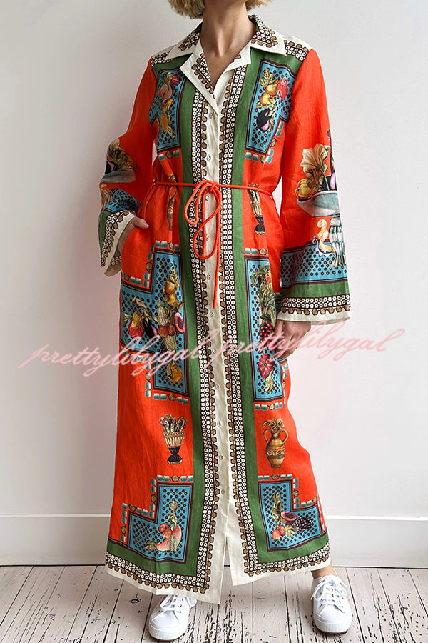 Linen Blend Unique Print Tie-waist Casual Maxi Dress