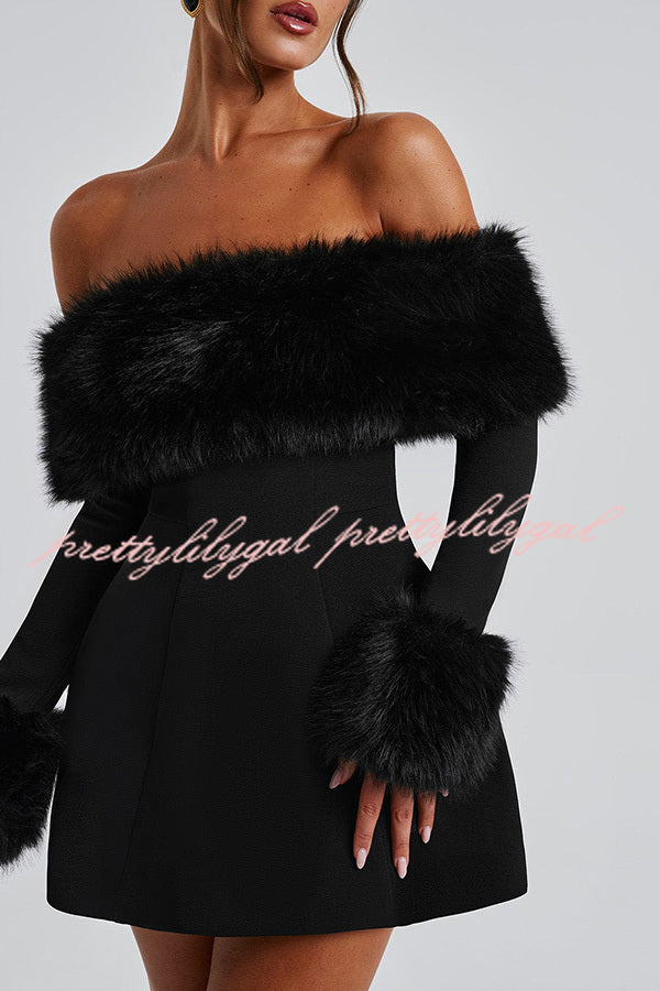 Cute and Luxe Faux Fur Trim Off Shoulder Bubble Shaped Mini Dress