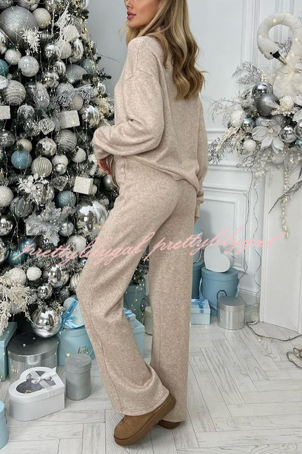 Solid Color Casual Knitted High Neck Long Sleeve Top and Elastic Waist Loose Pants Set