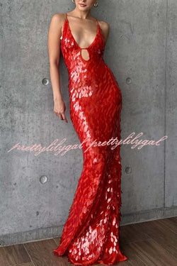 Reshape Beauty Fish Scale Sequin Cutout U-neck Slip Maxi Dress