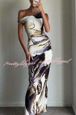 Charming Mentality Abstract Floral Print One Shoulder Stretch Maxi Dress