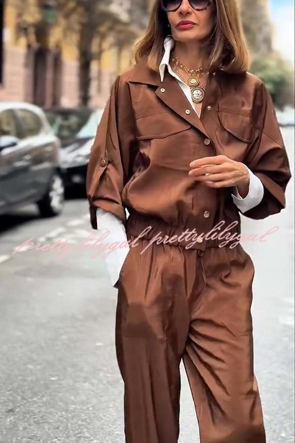 Street Charm Glossy Fabric Button Pocket Cargo Jacket and Elastic Waist Jogger Pants Set