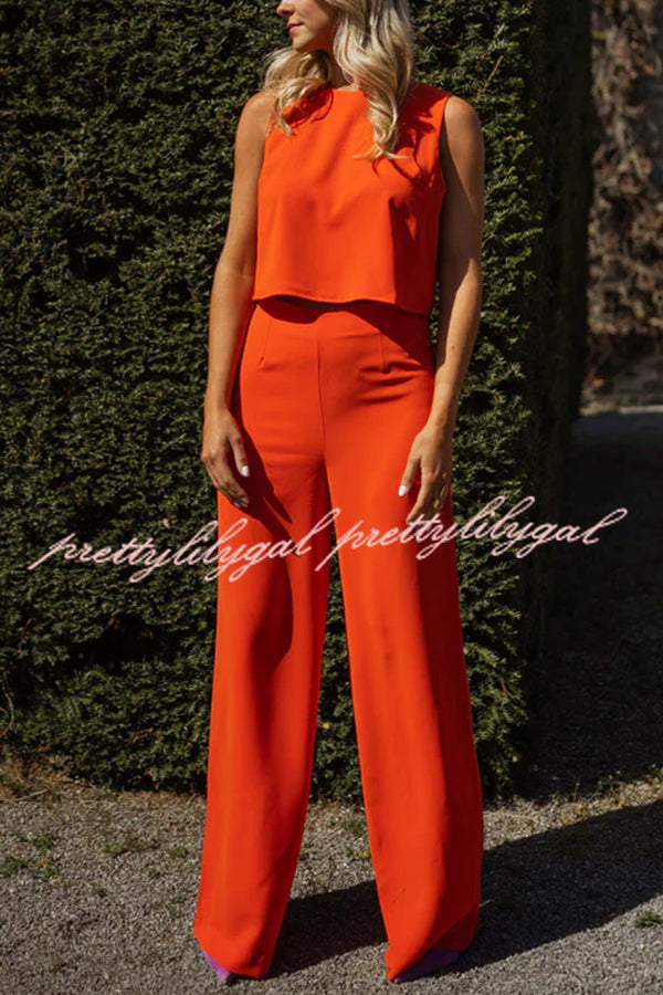Modern and Elegant Solid Crop Tank and High Rise Flare Loose Pants Set