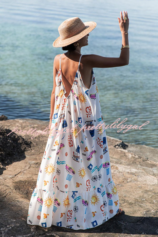 Marisol Linen Blend Unique Print A-line Slip Loose Maxi Dress