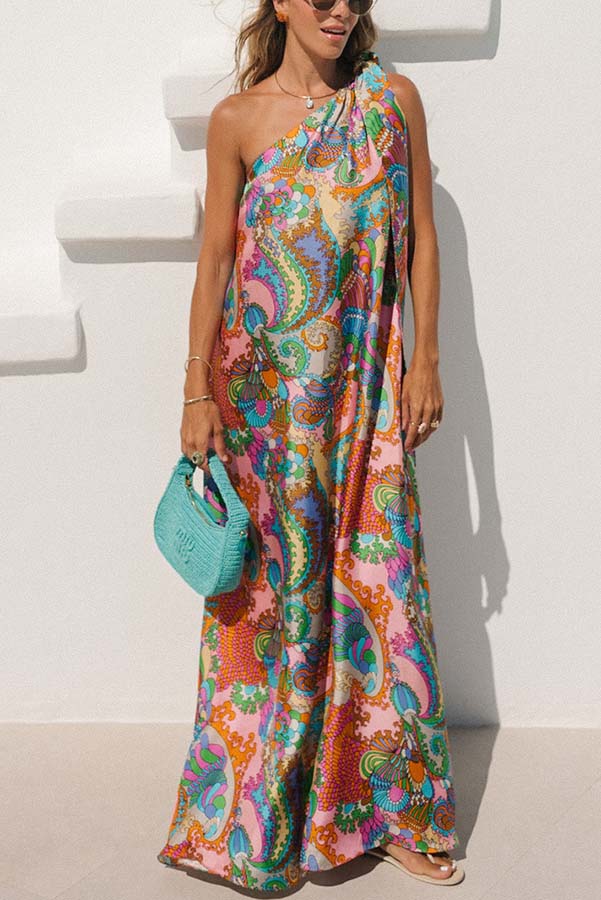 Rainbow Breeze Satin Unique Print Bow One Shoulder Loose Maxi Dress prettylilygal Rainbow Breeze Satin Unique Print Bow One Shoulder Loose Maxi Dress prettylilygal
