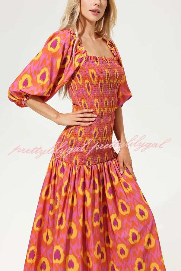 Venita Unique Printed Off Shoulder Balloon Sleeve Smocked Midi Dress