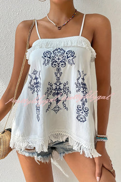 Ethnic Embroidered Adjustable Straps Fringed Top