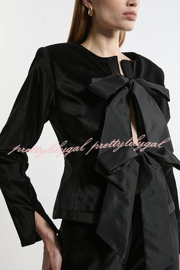 Cue The Cocktails Velvet Tailored Taffeta Bow Detail Peplum Jacket