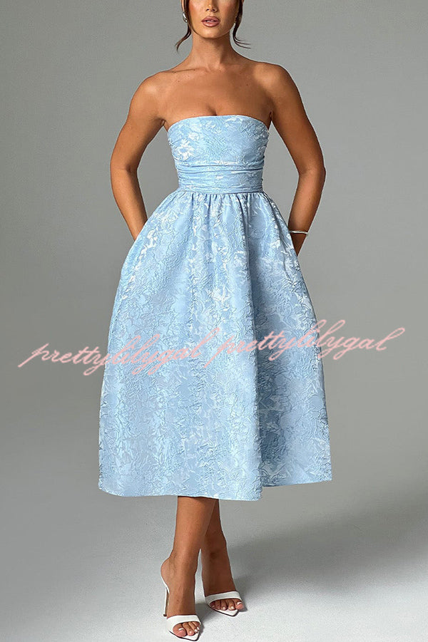 Jacquard Fabric Strapless Open Back Elegant Slim Midi Dress