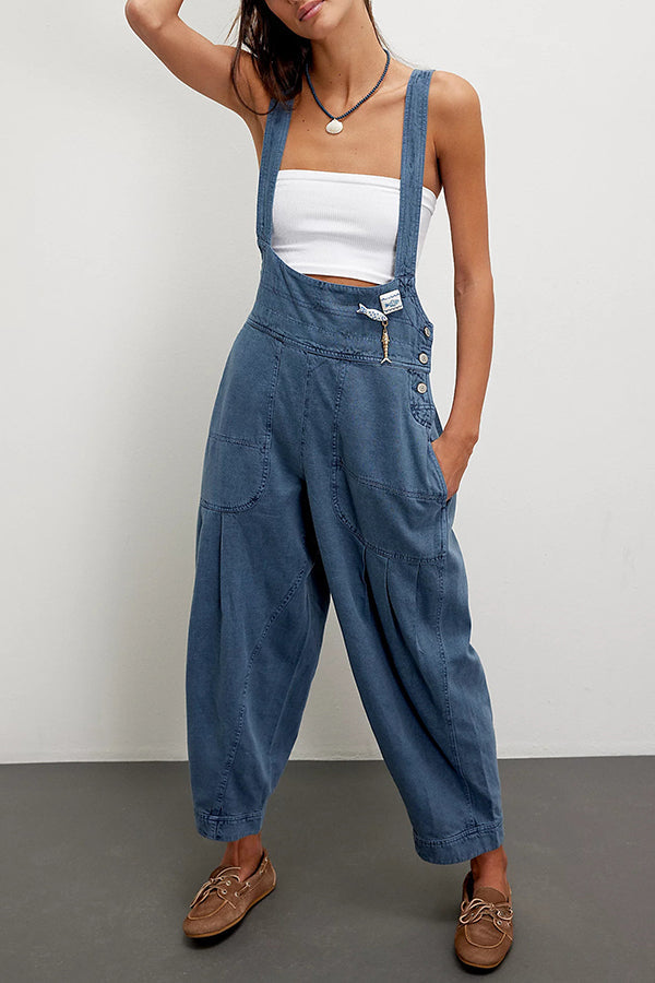 Fashionable Casual Side Pocket Button Loose Denim Overalls
