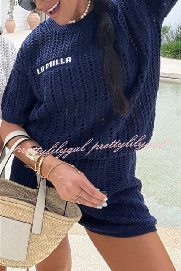 Fashionable Hollow Knit Short-sleeved Top and Elastic High-waist Casual Shorts Set