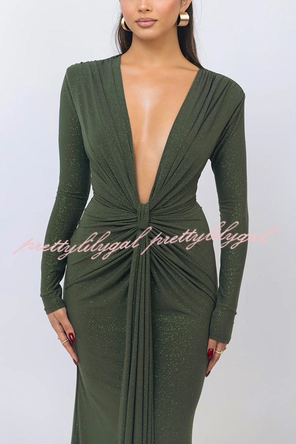 Solid Color Shiny Sexy V-neck Long Sleeve Ribbon Slit Slim Fit Maxi Dress