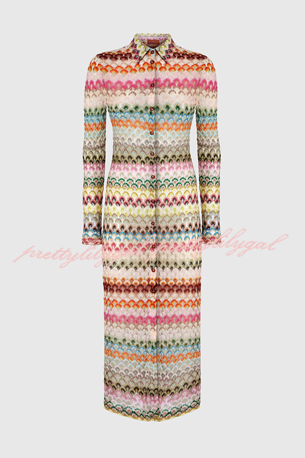 Anna Knit Colorful Herringbone Print Shirt Neck Button Long Sleeve Slim-fit Long Cardigan