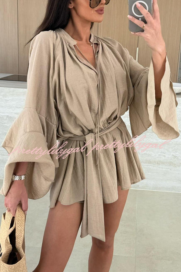 Solid Color V-neck Ruffled Long Sleeve Waist Tie Mini Dress