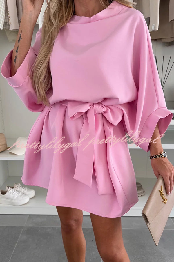 Solid Color Loose Round Neck Belted Mini Dress