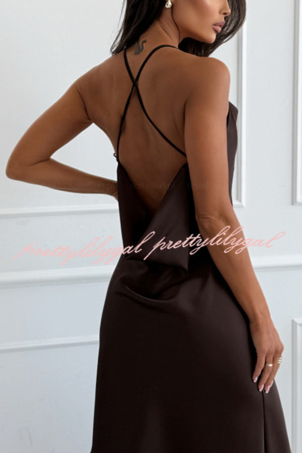 Jensin Satin Lace Trim Cowl Neck Back Cross Lace-up Slit Midi Dress