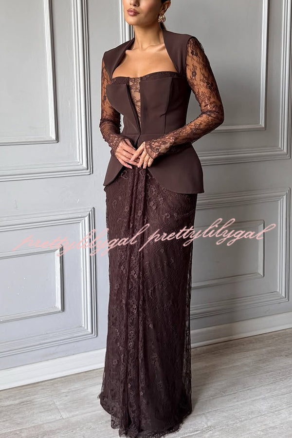 Belle Contrast Sheer Lace Fabric Patchwork Square Neck Long Sleeve Drape Maxi Dress