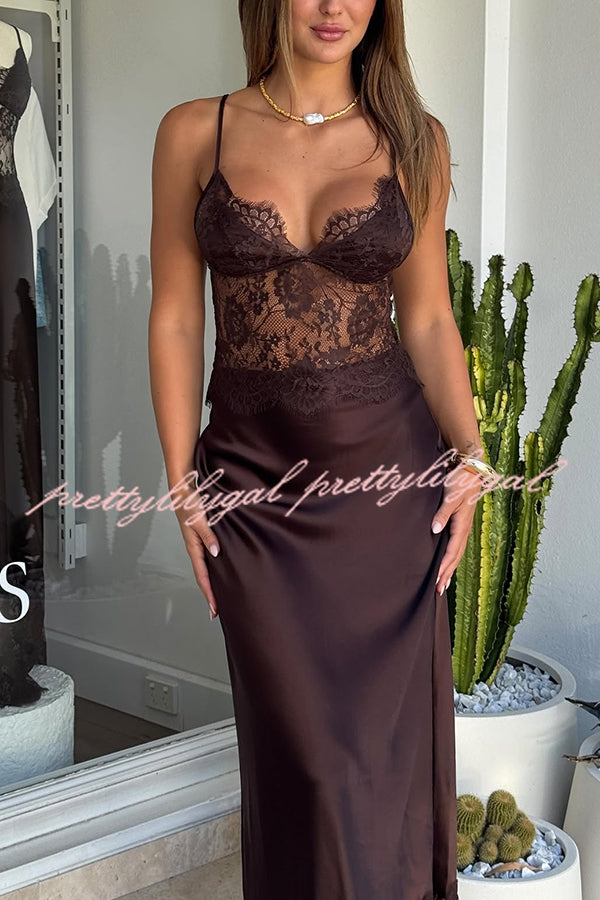 Elegant Evening Satin Lace Patchwork See-through Waist Slip Maxi Dress