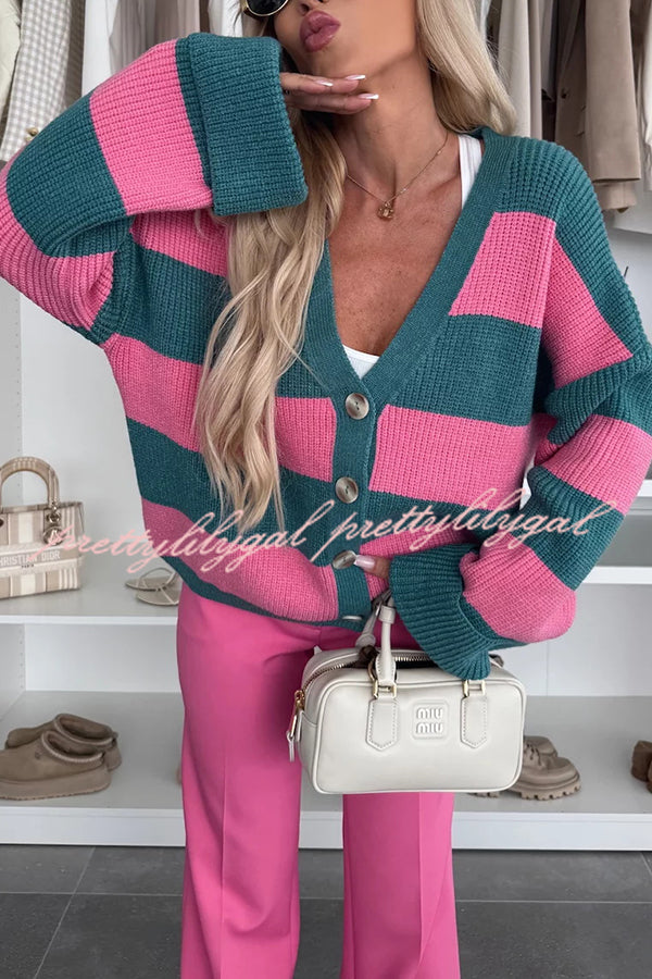 Fashion Contrast Striped Casual V-neck Long-sleeved Knitted Cardigan