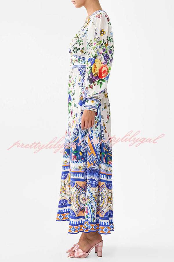 Fairy Tale Print V-Neck Lantern Sleeve Waist Maxi Dress