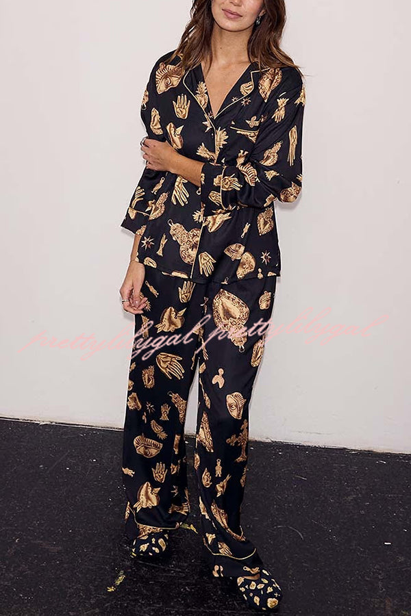 Golden Night Unique Print Color-block Trim Loose Shirt and Elastic Waist Pocketed Pajama Set