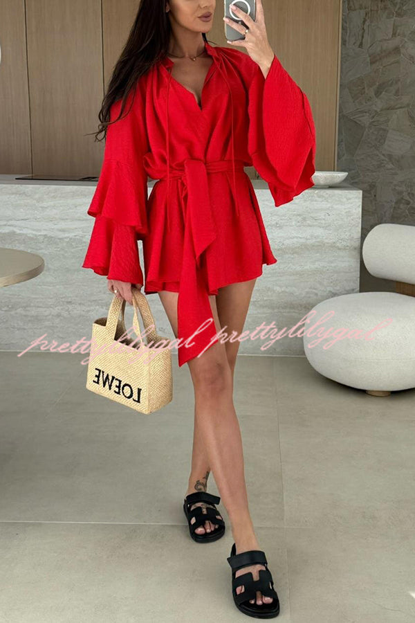 Solid Color V-neck Ruffled Long Sleeve Waist Tie Mini Dress