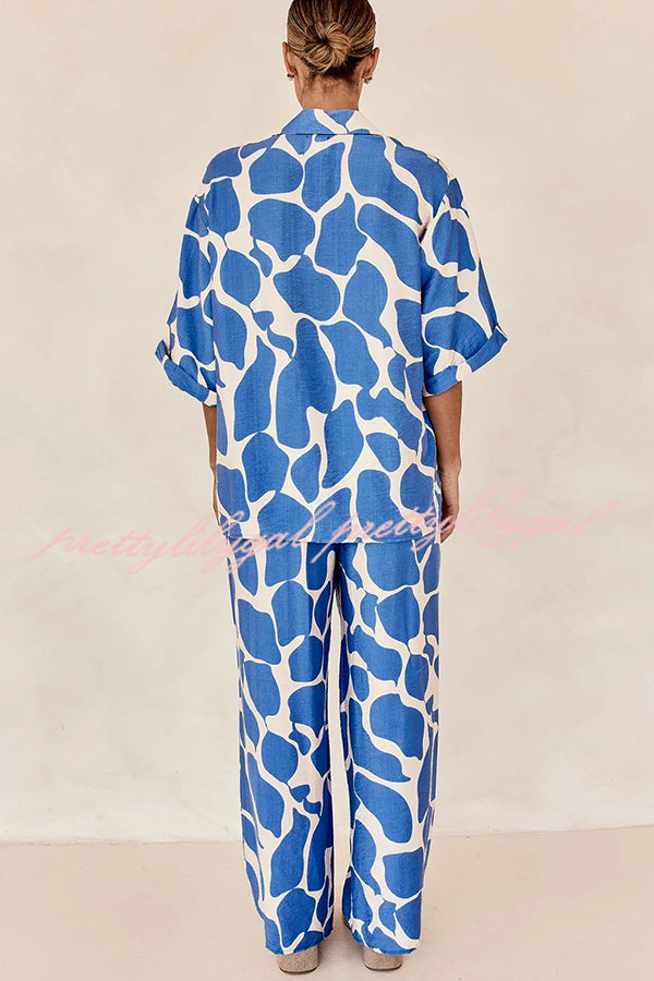 Lazy Beach Days Unique Print Short Sleeve Loose Shirt and Elastic Waist Pants Set