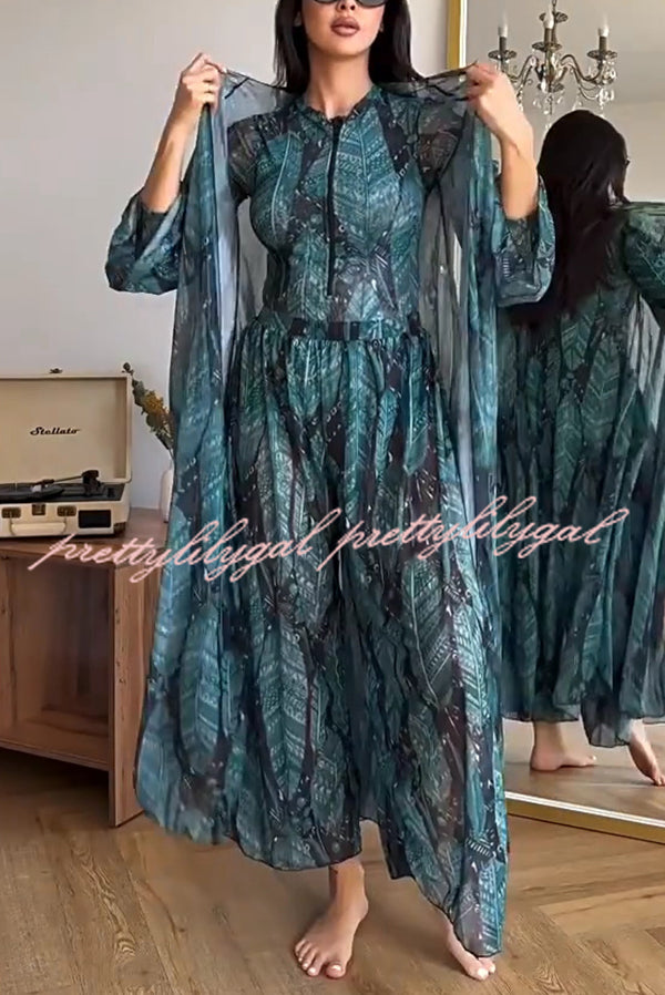 Unique Print One-piece Swimsuit and Cardigan and High Rise Pants Three-piece Set