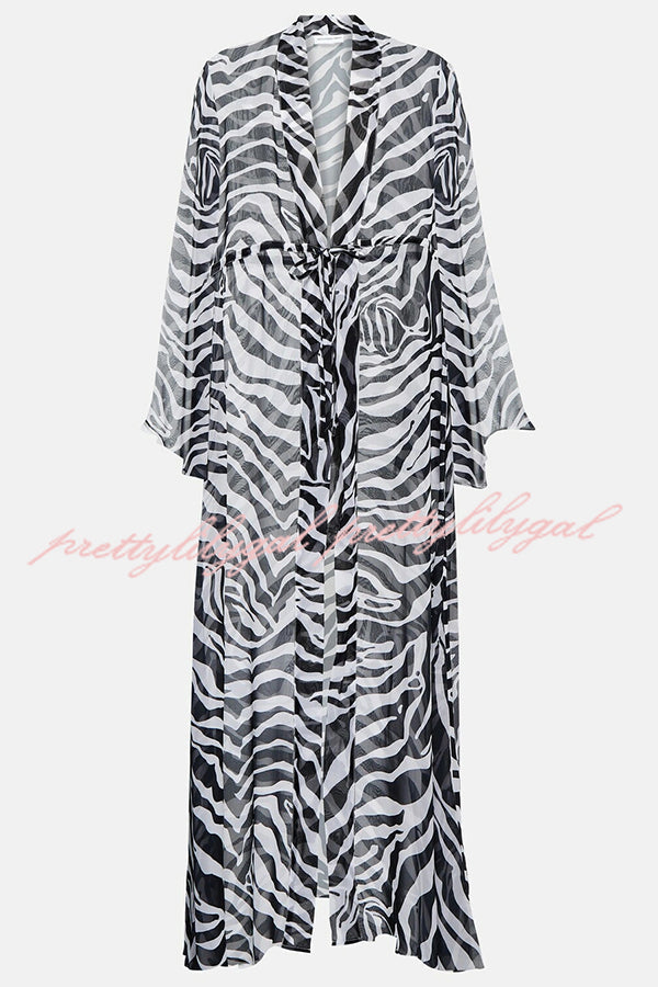 Marsie Zebra-print Elastic Drawstring Waist Long Bell Sleeve Cover-up Kimono