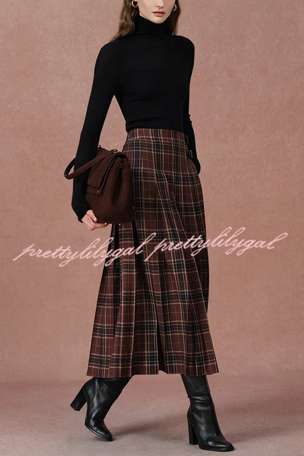 Yehudit Plaid Belt Buckle Design High Rise Pocket Midi Umbrella Skirt